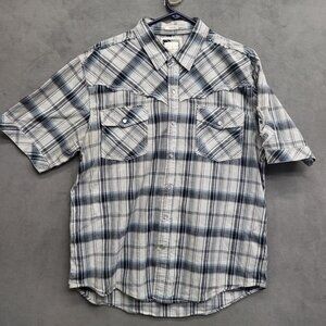 BKE Pearl Snap Short Sleeve Slim Fit Shirt Tartan Plaid Black Gray‎ Patch Men XL